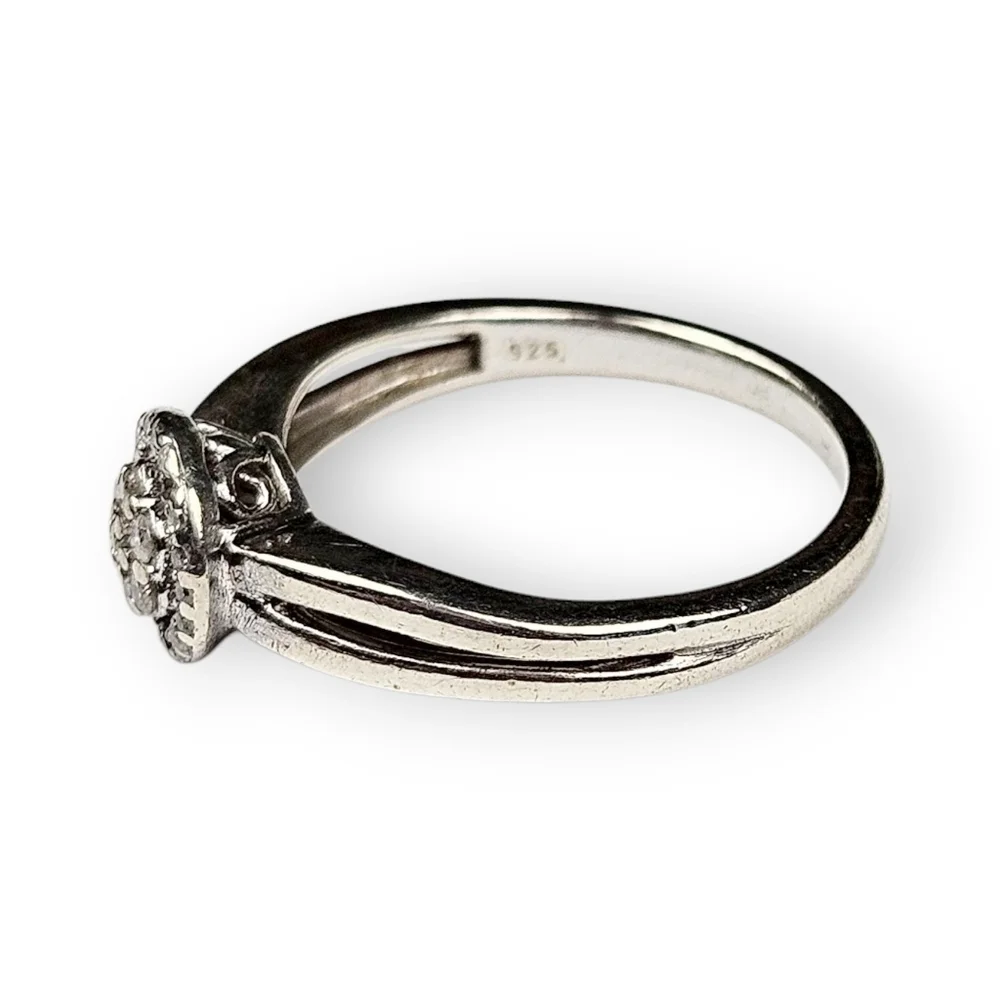 Genuine Diamond Sterling Flower Ring Split Shank 925 Silver JWBR Size 6.75 FLAW